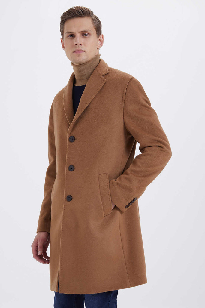 Slim Fit Cachet Notch Lapel Wool Blend Camel Overcoat Camel