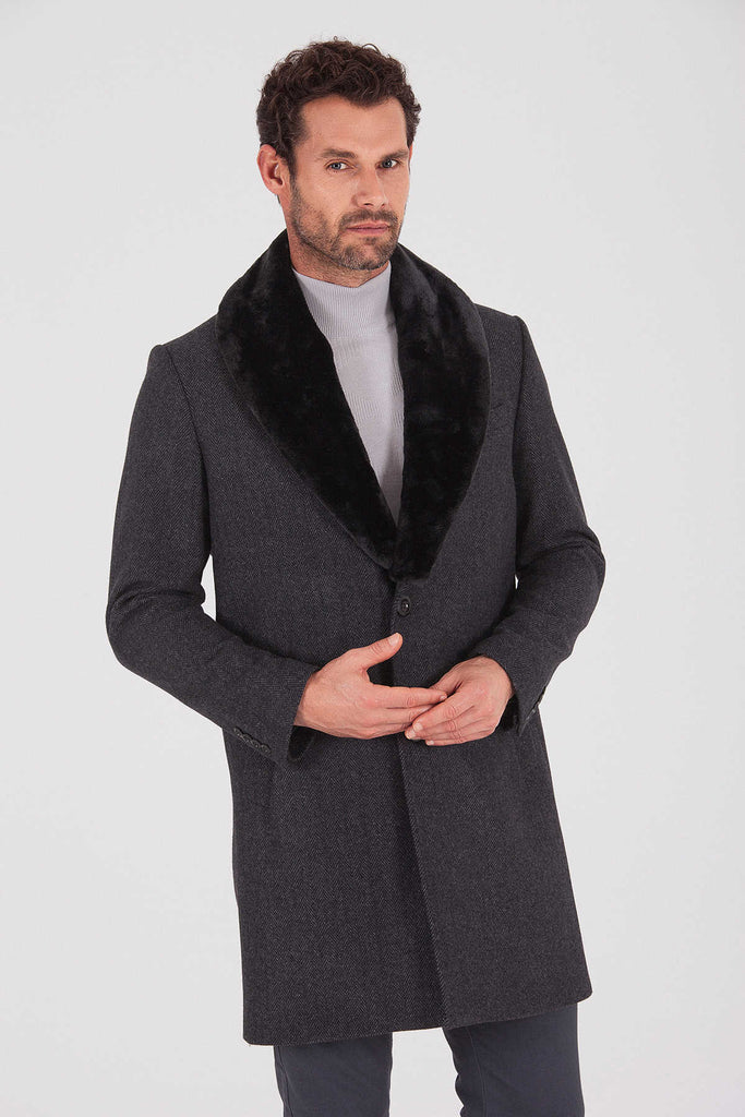 Slim Fit Cachet Notch Lapel Wool Blend Charcoal Herringbone