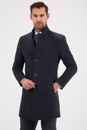 Slim Fit Cachet Notch Lapel Wool Blend Navy Overcoat Navy