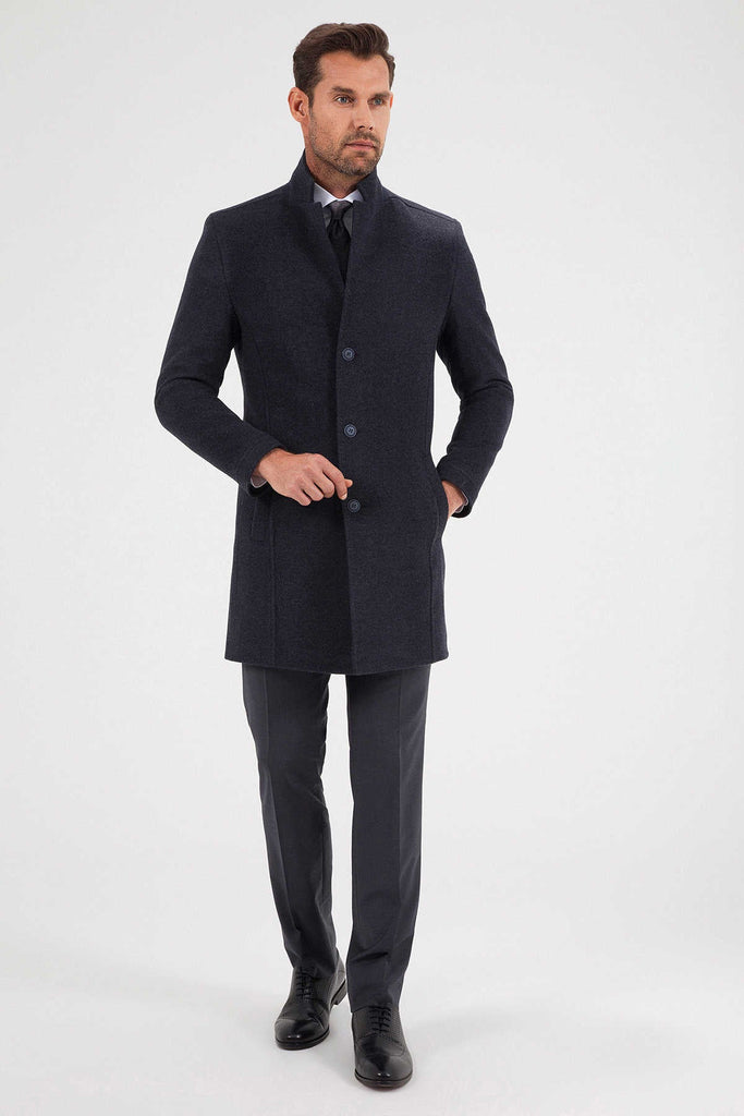 Slim Fit Cachet Notch Lapel Wool Blend Navy Overcoat Navy