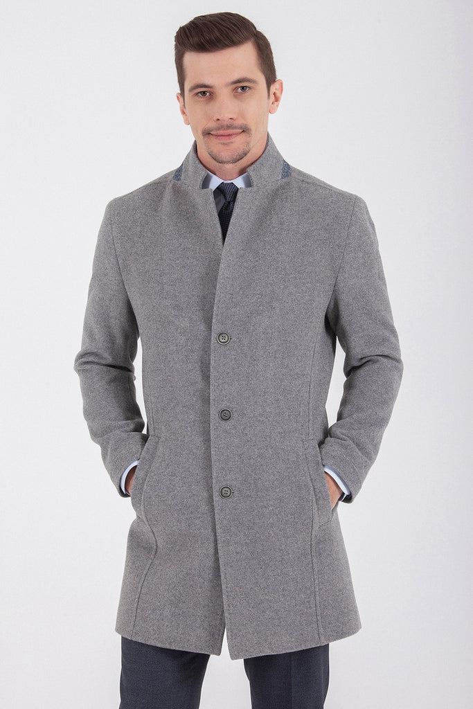 Slim Fit Cachet Notch Lapel Wool Blend Navy Overcoat Gray