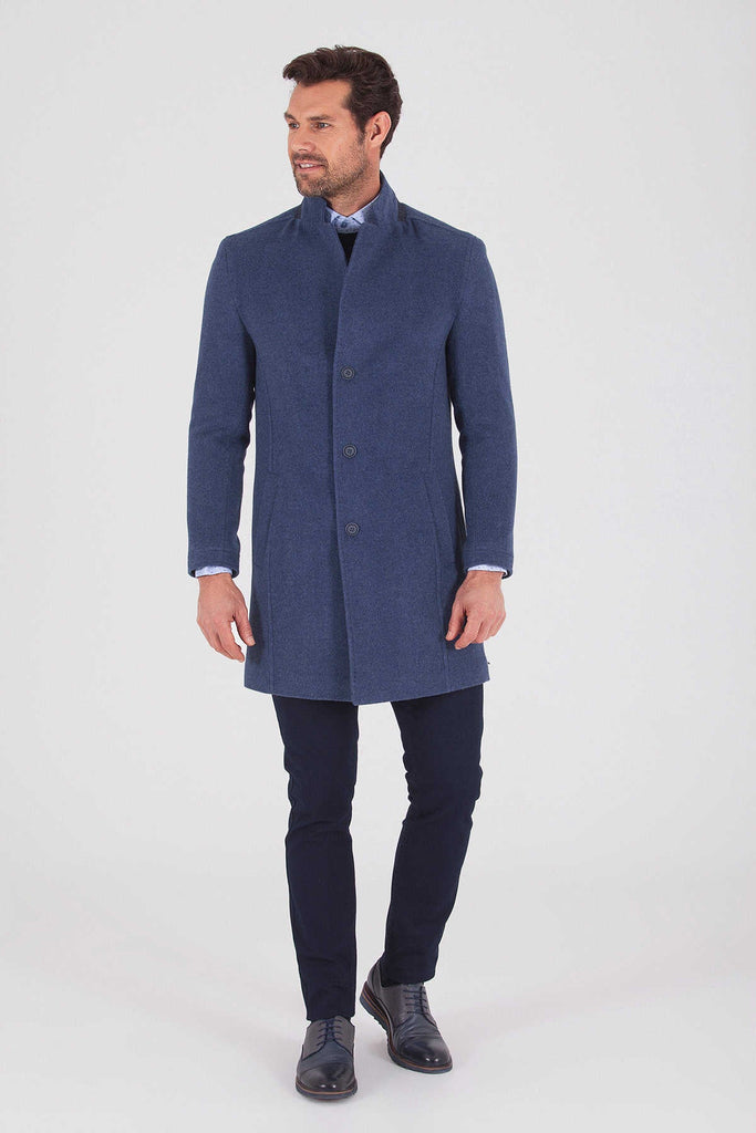 Slim Fit Cachet Notch Lapel Wool Blend Navy Overcoat Light