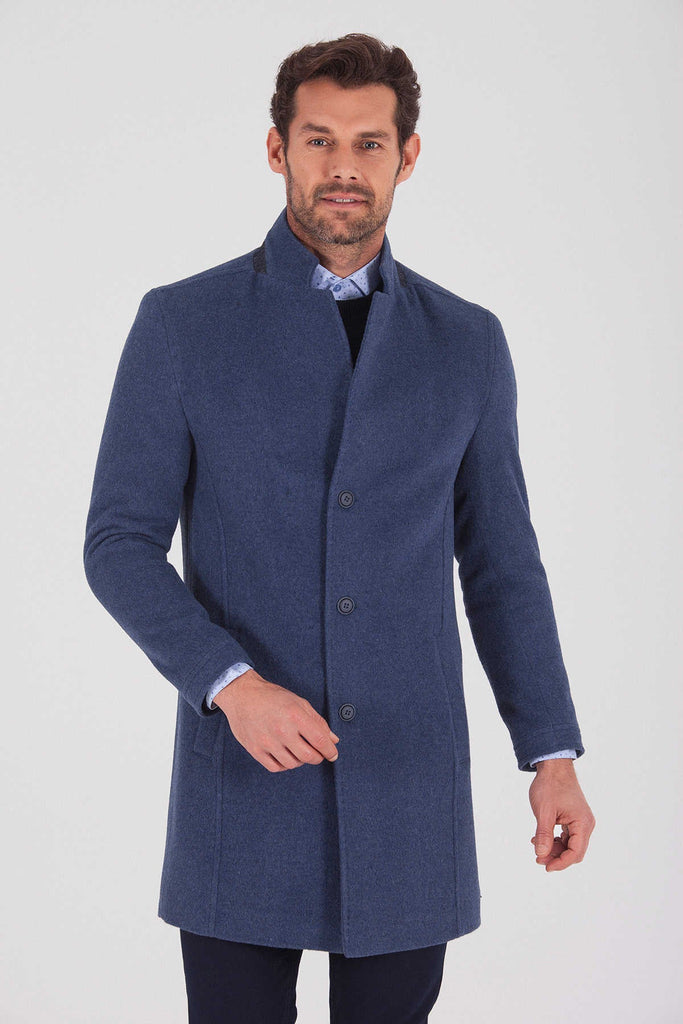 Slim Fit Cachet Notch Lapel Wool Blend Navy Overcoat Light