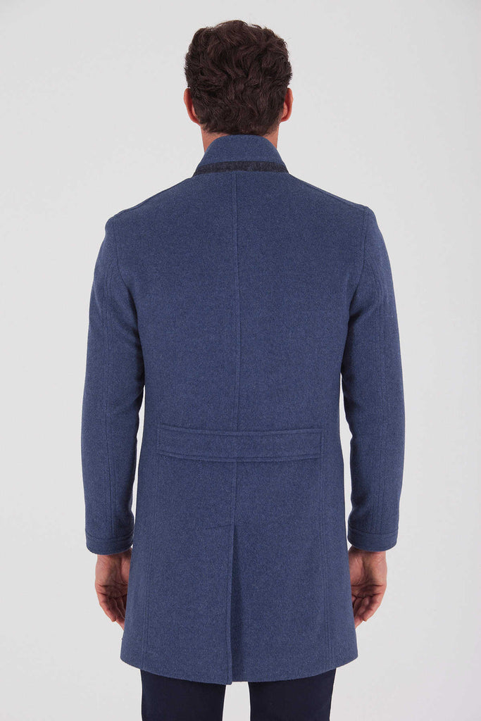 Slim Fit Cachet Notch Lapel Wool Blend Navy Overcoat Light