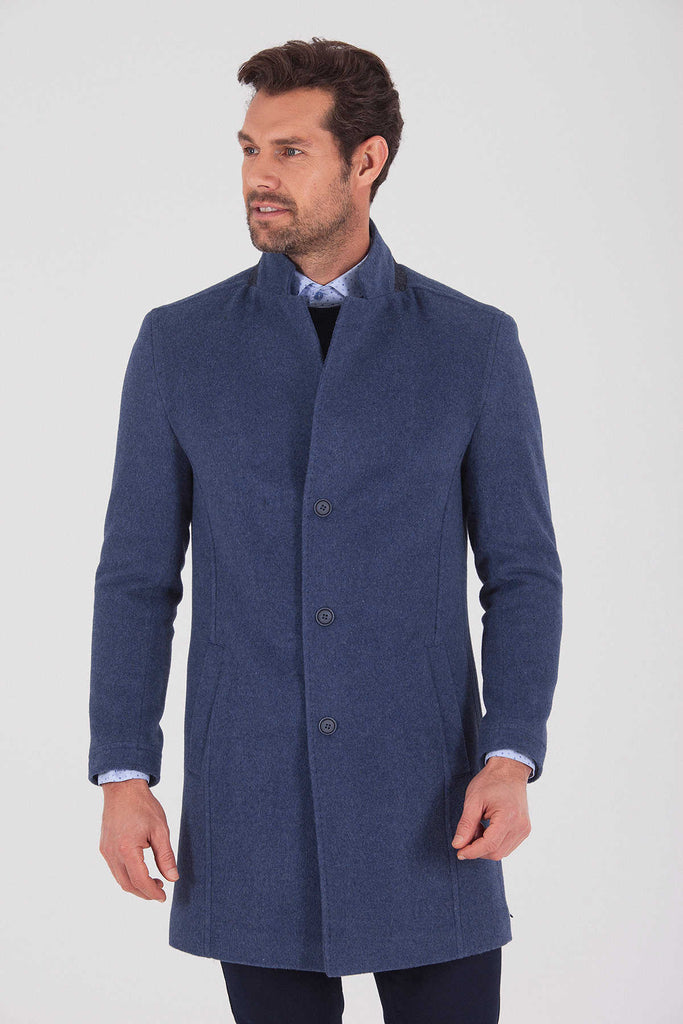 Slim Fit Cachet Notch Lapel Wool Blend Navy Overcoat Light