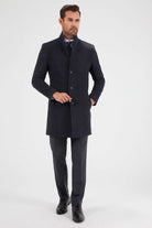 Slim Fit Cachet Notch Lapel Wool Blend Navy Overcoat Navy