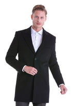 Slim Fit Cachet Peaked Lapel Black Wool Blend Overcoat