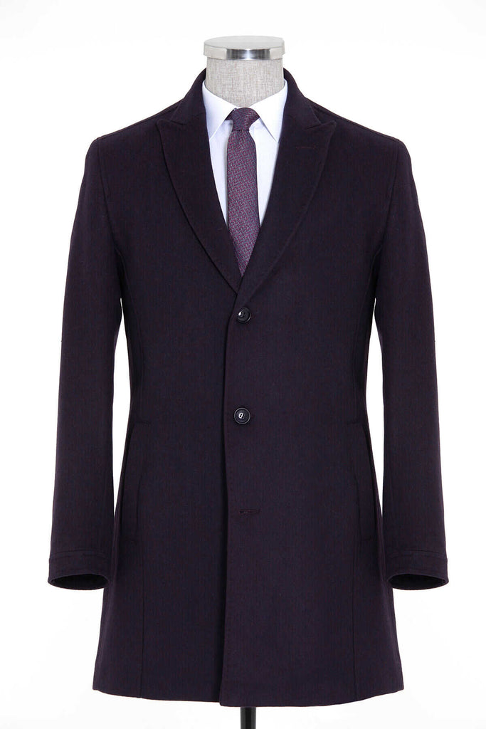 Slim Fit Cachet Peaked Lapel Wool Blend Purple Overcoat