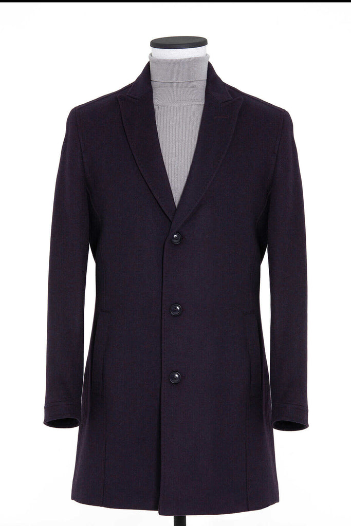 Slim Fit Cachet Peaked Lapel Wool Blend Purple Overcoat