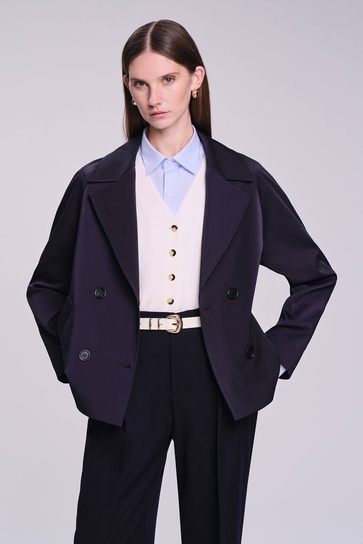 Slim Fit Cachet Sarah Cotton Blend Navy Long Coat - MIB