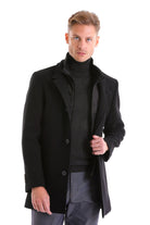 Slim Fit Cachet Stand Collar Black Wool Blend Overcoat