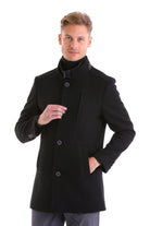 Slim Fit Cachet Stand Collar Black Wool Blend Overcoat