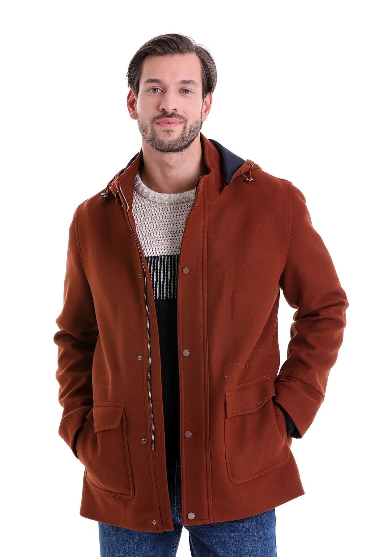 Slim Fit Cachet Stand Collar Brick Hooded Coat - SAYKI