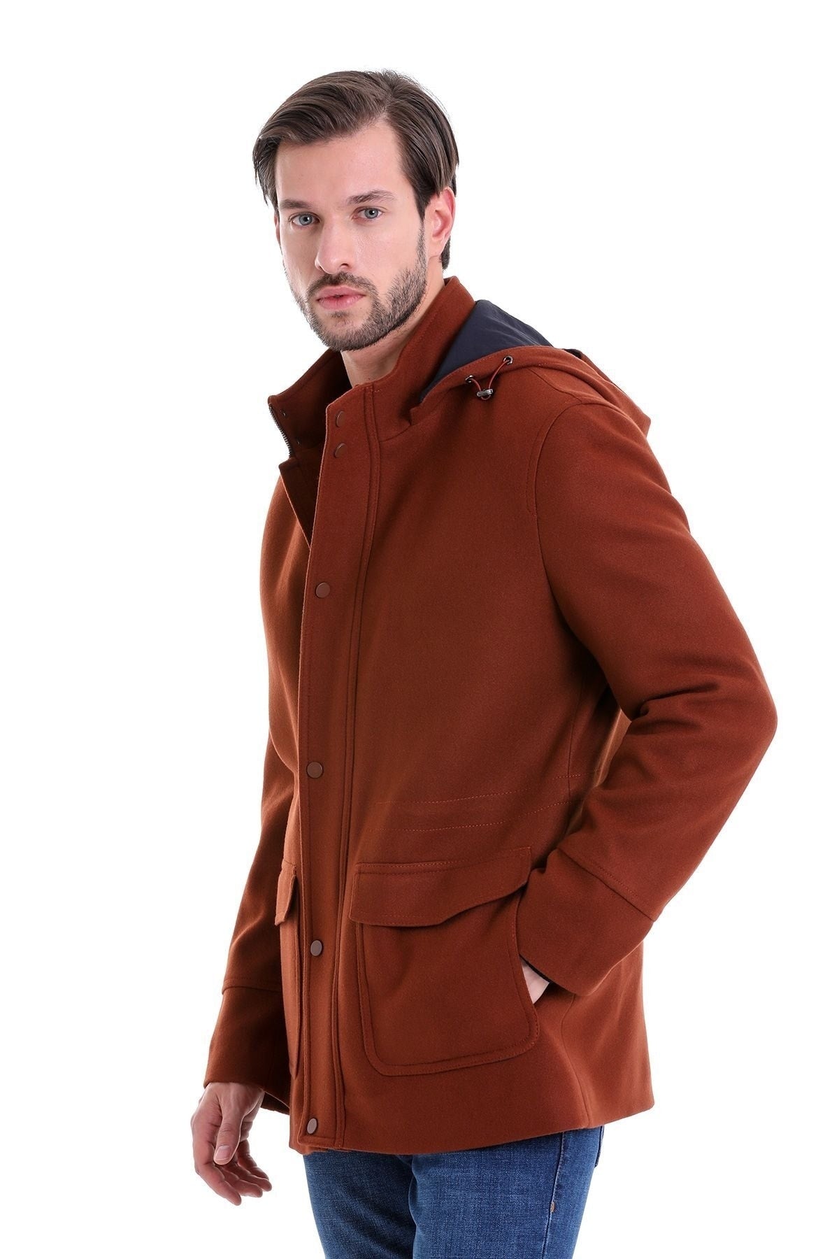 Slim Fit Cachet Stand Collar Brick Hooded Coat - SAYKI