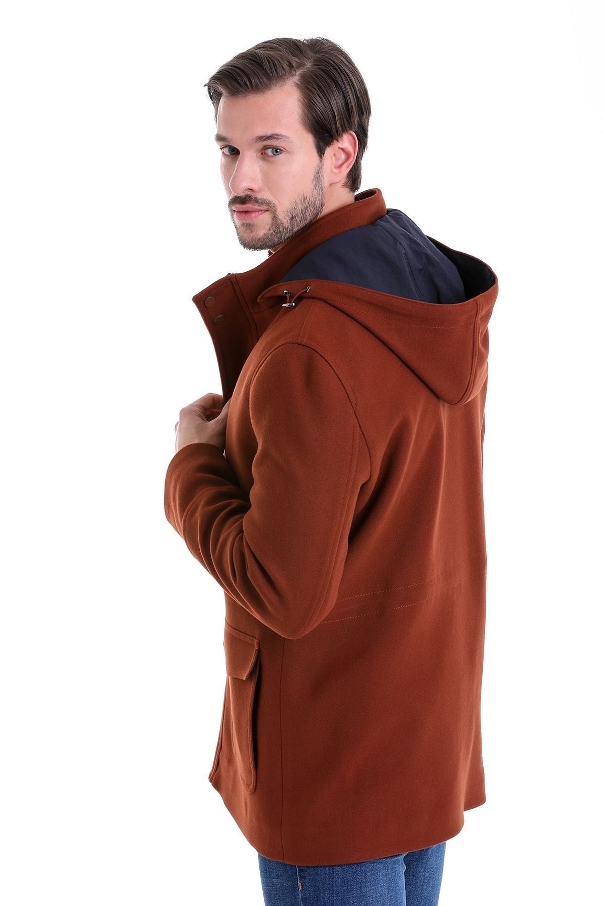 Slim Fit Cachet Stand Collar Brick Hooded Coat - SAYKI