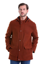 Slim Fit Cachet Stand Collar Brick Hooded Coat - SAYKI