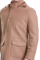 Slim Fit Cachet Stand Collar Camel Hooded Coat - SAYKI