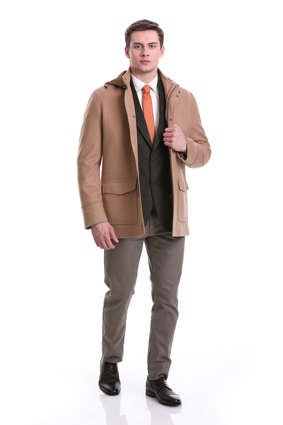 Slim Fit Cachet Stand Collar Camel Hooded Coat - SAYKI