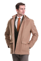 Slim Fit Cachet Stand Collar Camel Hooded Coat - SAYKI