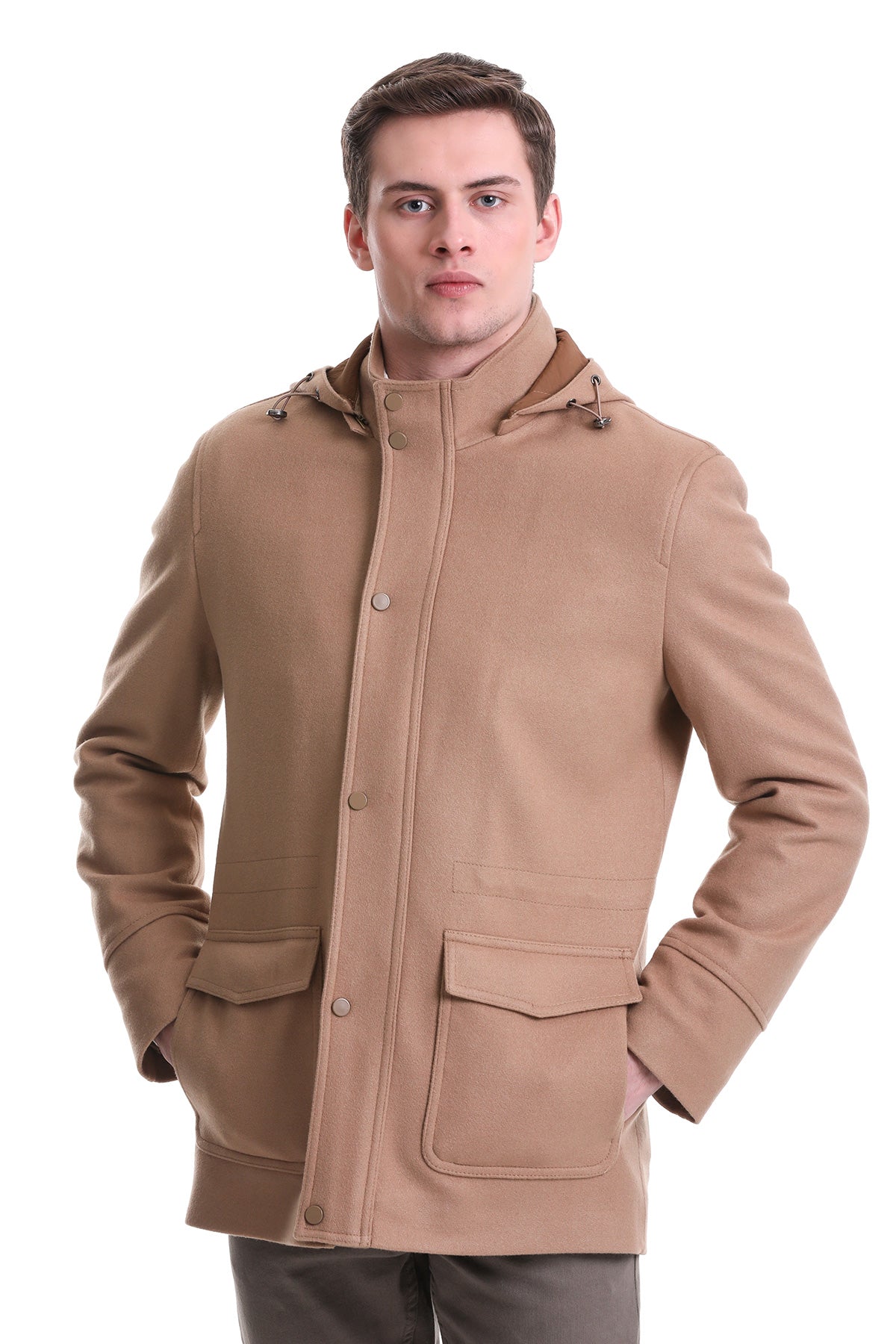 Slim Fit Cachet Stand Collar Camel Hooded Coat - SAYKI