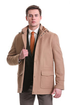 Slim Fit Cachet Stand Collar Camel Hooded Coat - SAYKI