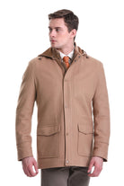 Slim Fit Cachet Stand Collar Camel Hooded Coat - SAYKI