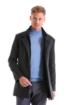 Slim Fit Cachet Stand Collar Dark Gray Wool Blend Overcoat