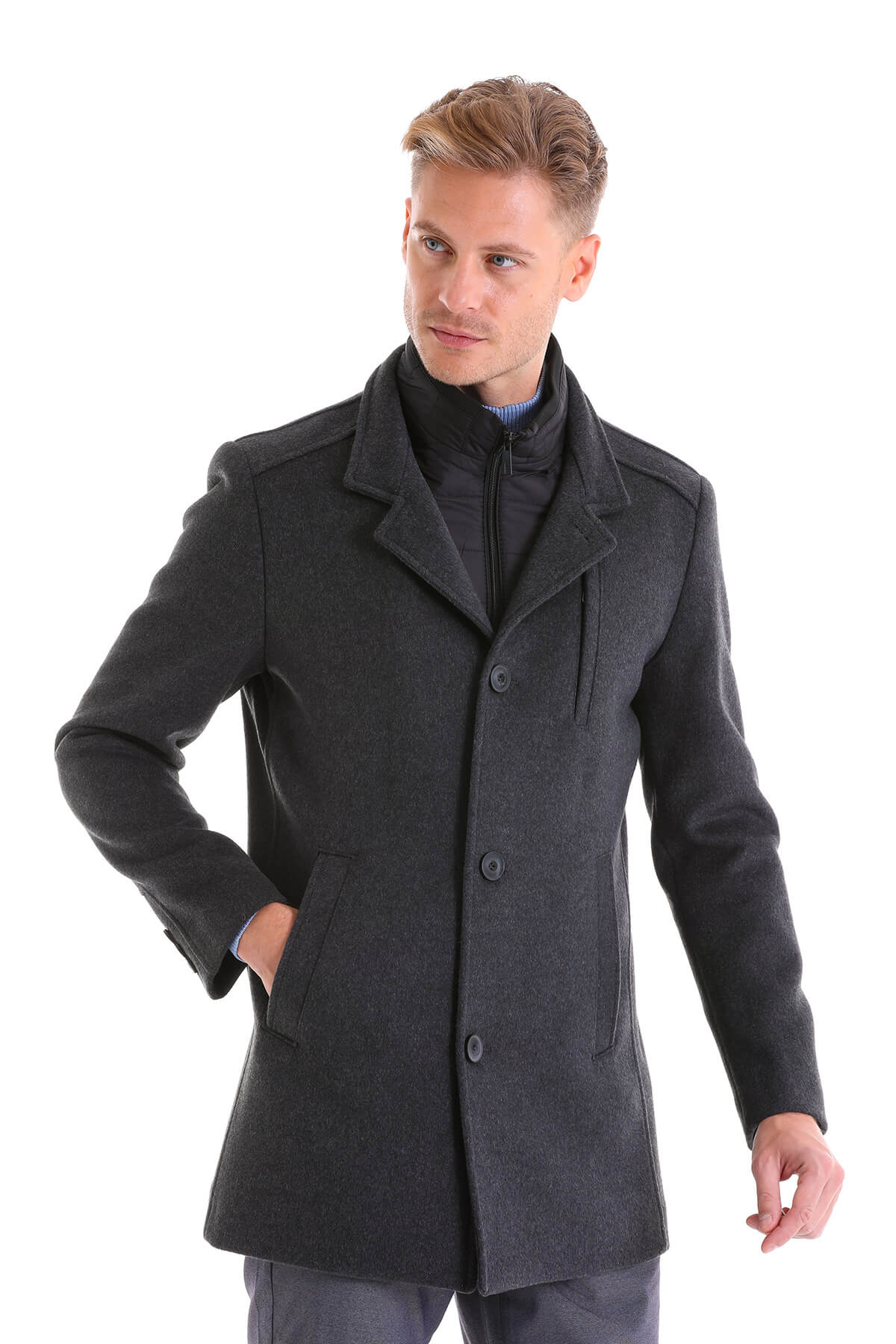 Slim Fit Cachet Stand Collar Dark Gray Wool Blend Overcoat