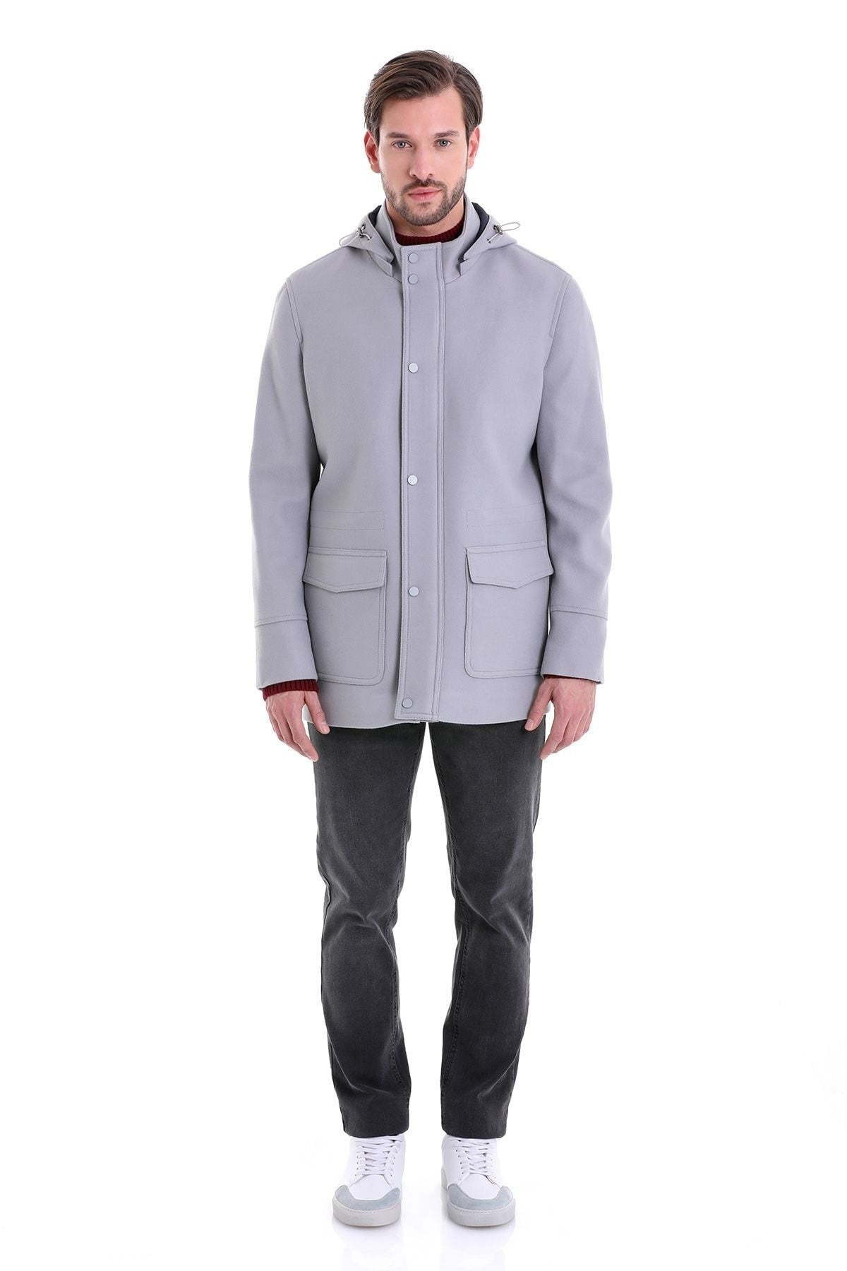 Slim Fit Cachet Stand Collar Gray Hooded Coat - SAYKI