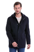 Slim Fit Cachet Stand Collar Navy Hooded Coat - SAYKI