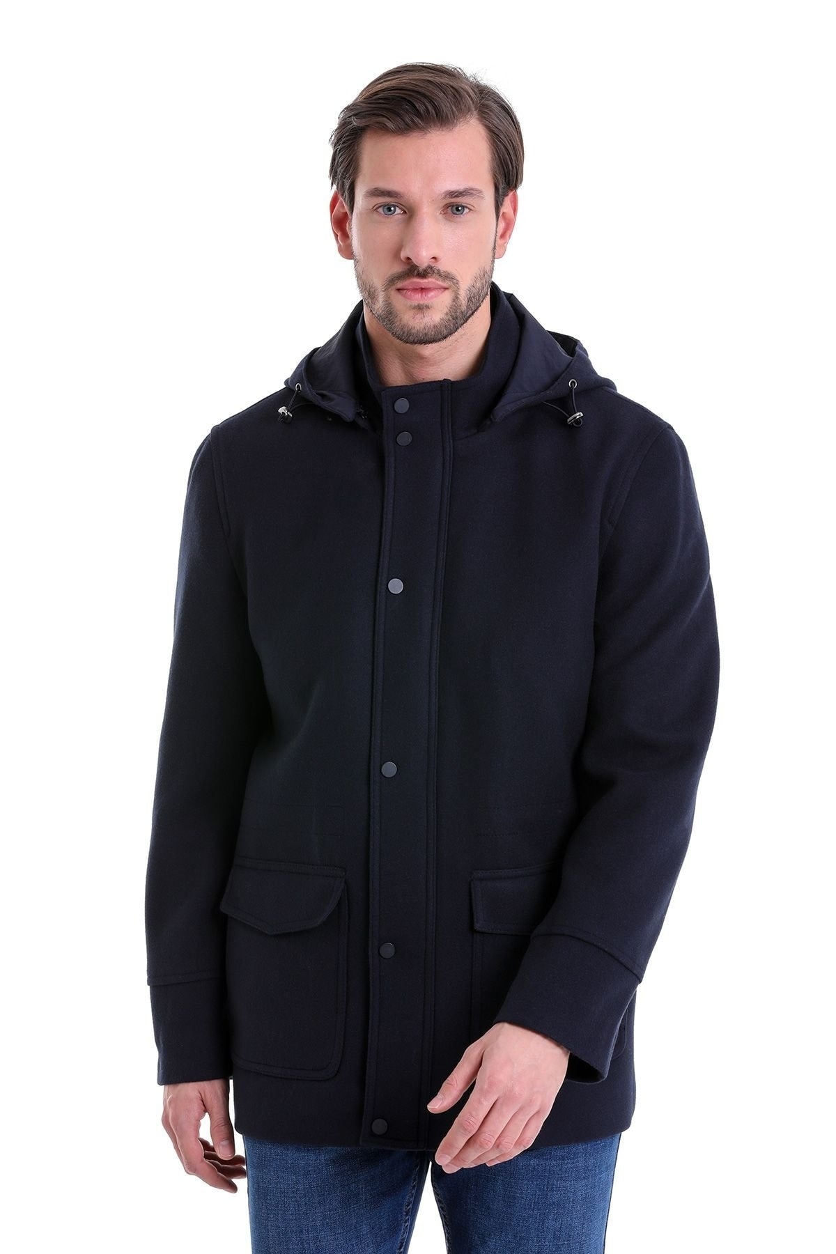 Slim Fit Cachet Stand Collar Navy Hooded Coat - SAYKI