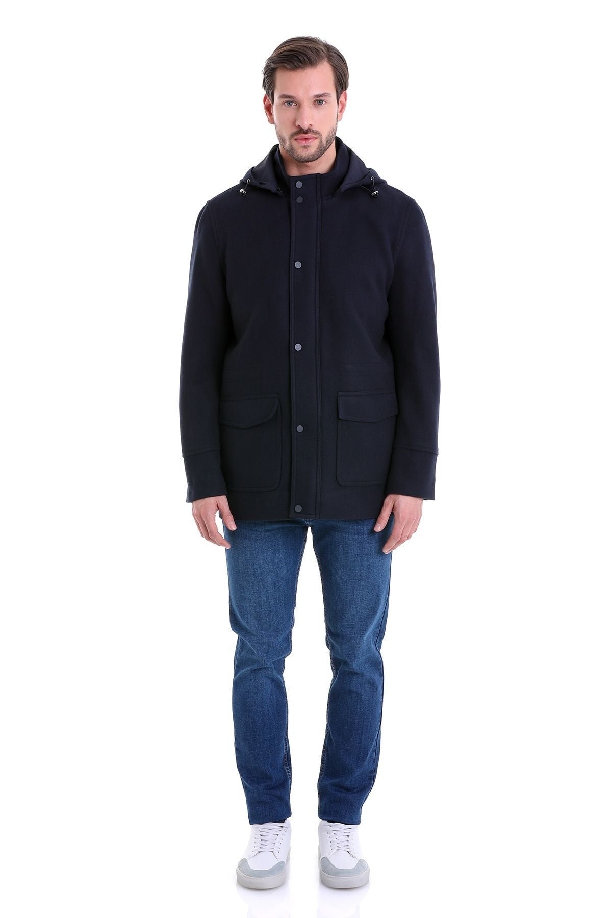 Slim Fit Cachet Stand Collar Navy Hooded Coat - SAYKI