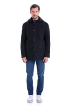 Slim Fit Cachet Stand Collar Navy Hooded Coat - SAYKI