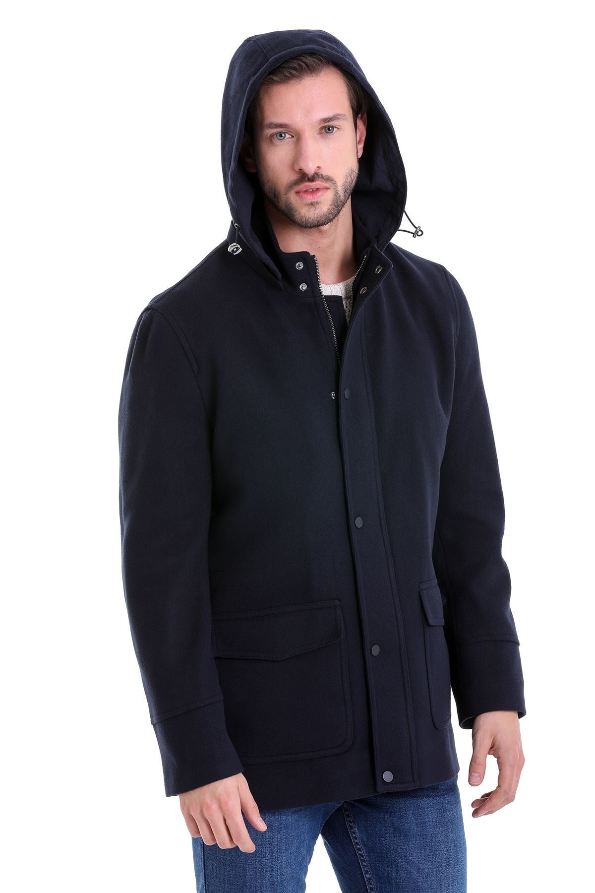 Slim Fit Cachet Stand Collar Navy Hooded Coat - SAYKI