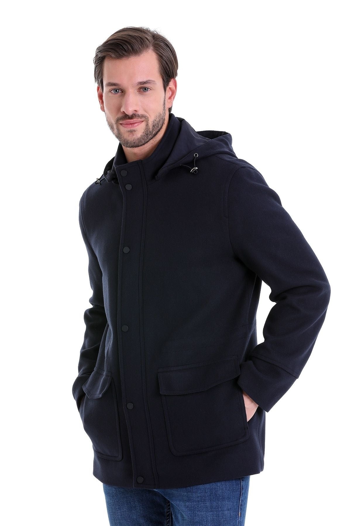 Slim Fit Cachet Stand Collar Navy Hooded Coat - SAYKI