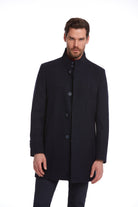 Slim Fit Cachet Stand Collar Navy Wool Blend Overcoat - MIB