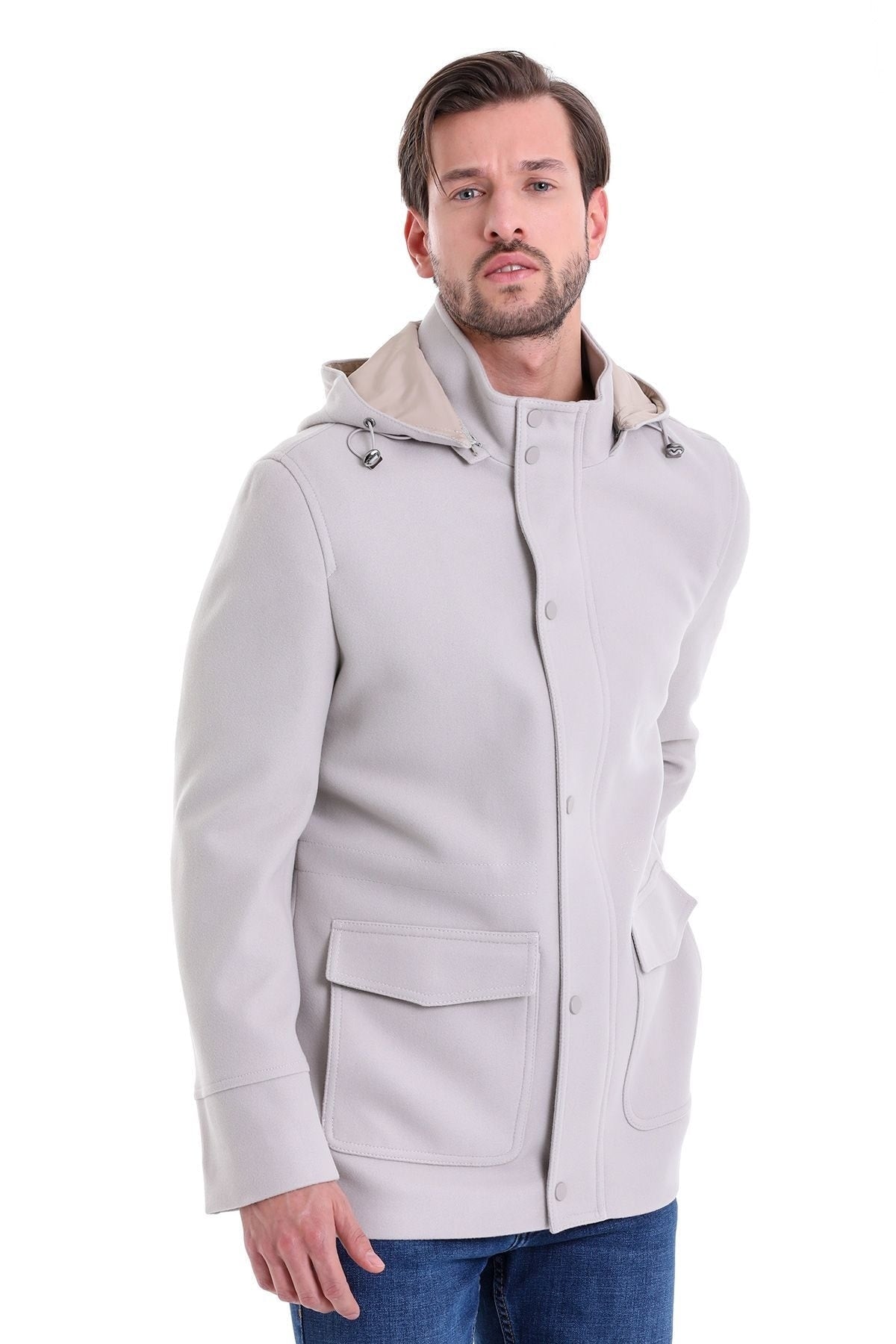 Slim Fit Cachet Stand Collar Stone Hooded Coat - SAYKI