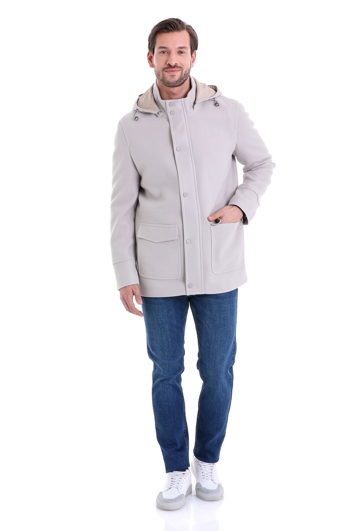 Slim Fit Cachet Stand Collar Stone Hooded Coat - SAYKI