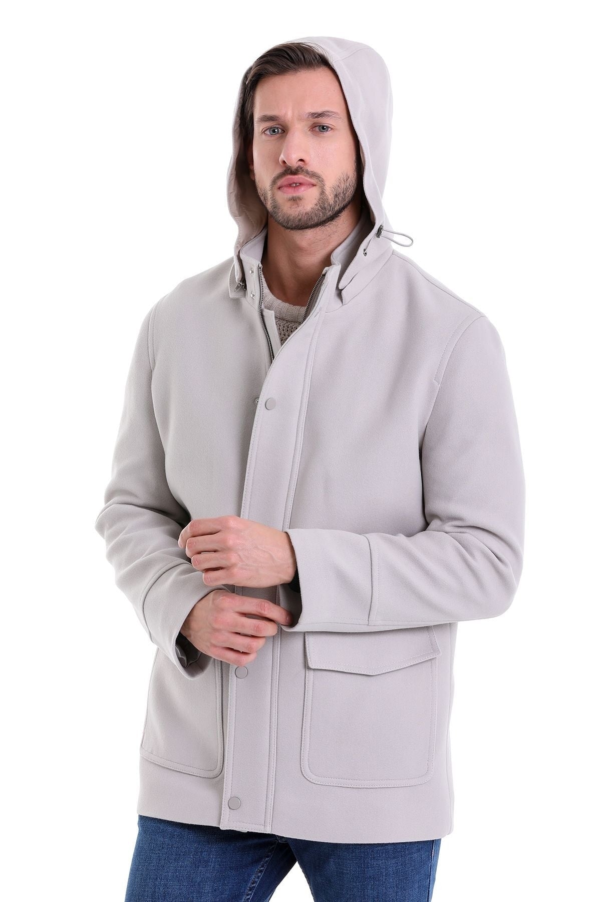 Slim Fit Cachet Stand Collar Stone Hooded Coat - SAYKI