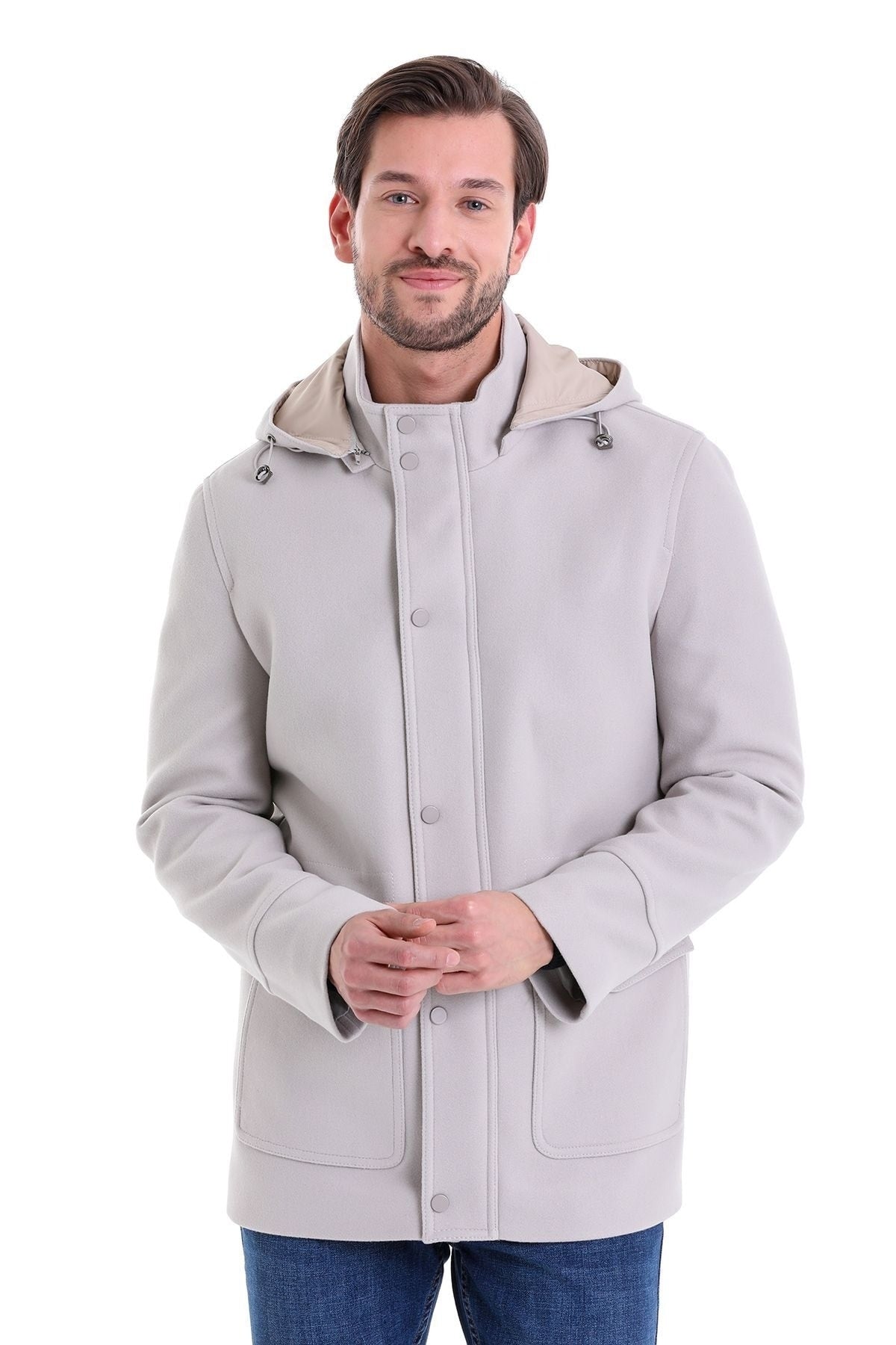 Slim Fit Cachet Stand Collar Stone Hooded Coat - SAYKI