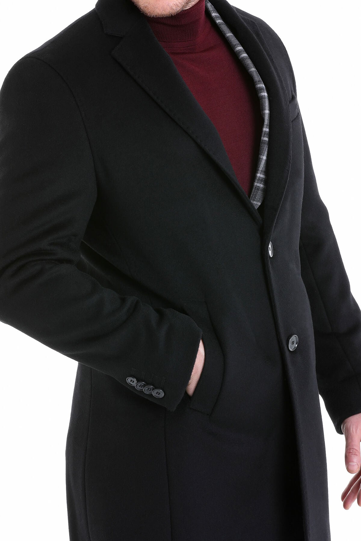 Slim Fit Cachet TBC Notch Lapel Wool Black Overcoat Black