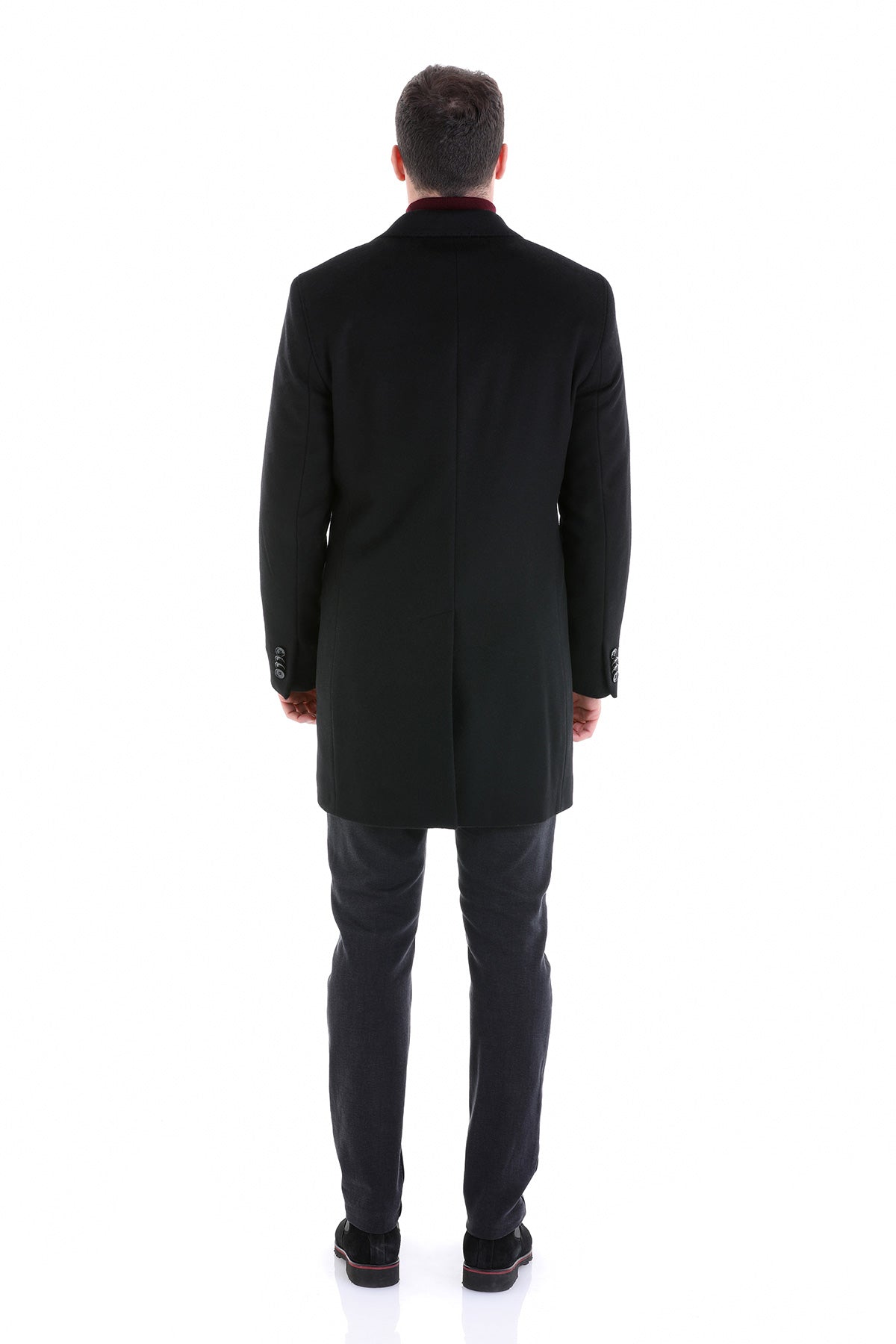 Slim Fit Cachet TBC Notch Lapel Wool Black Overcoat Black