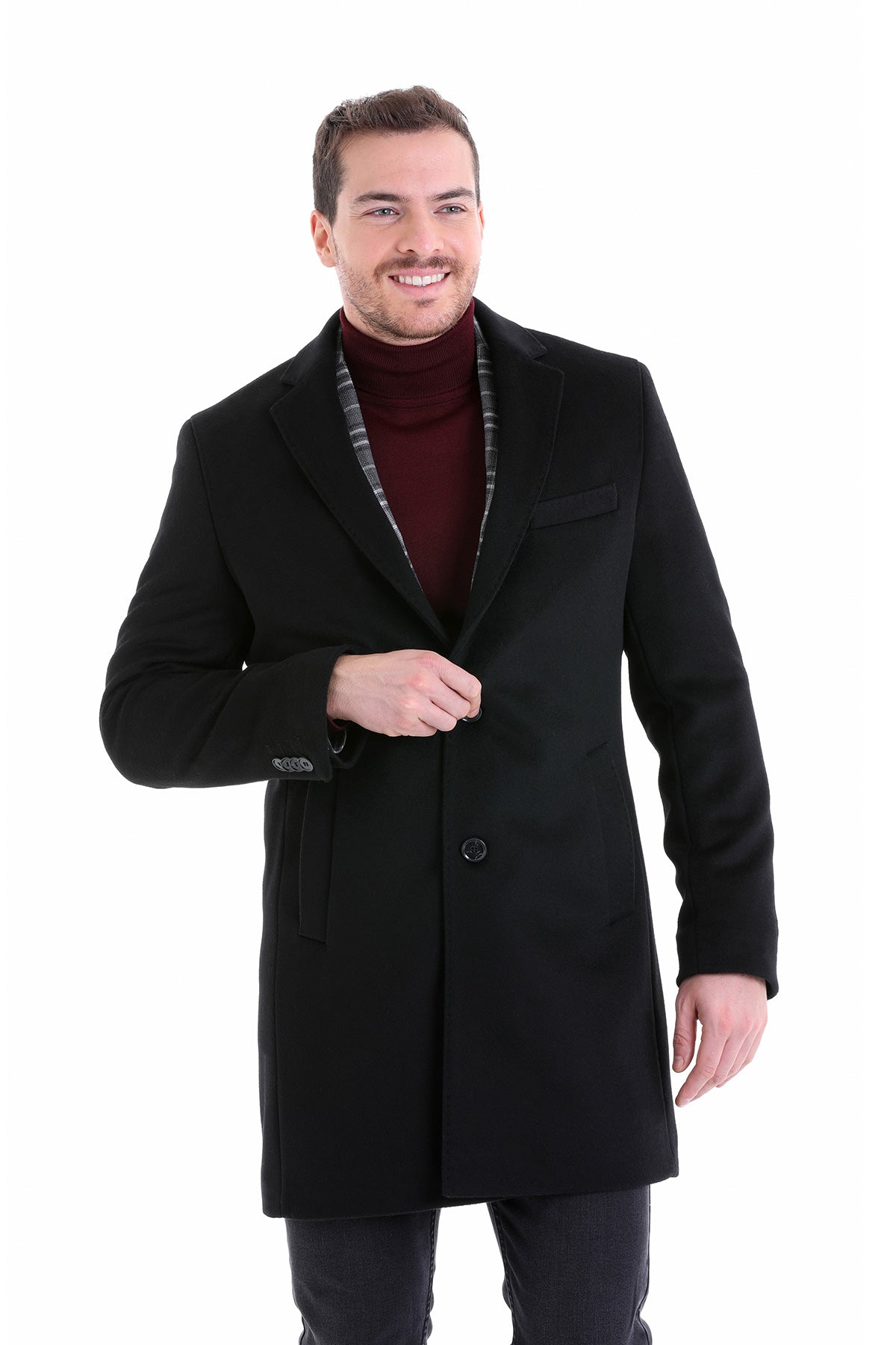 Slim Fit Cachet TBC Notch Lapel Wool Black Overcoat Black