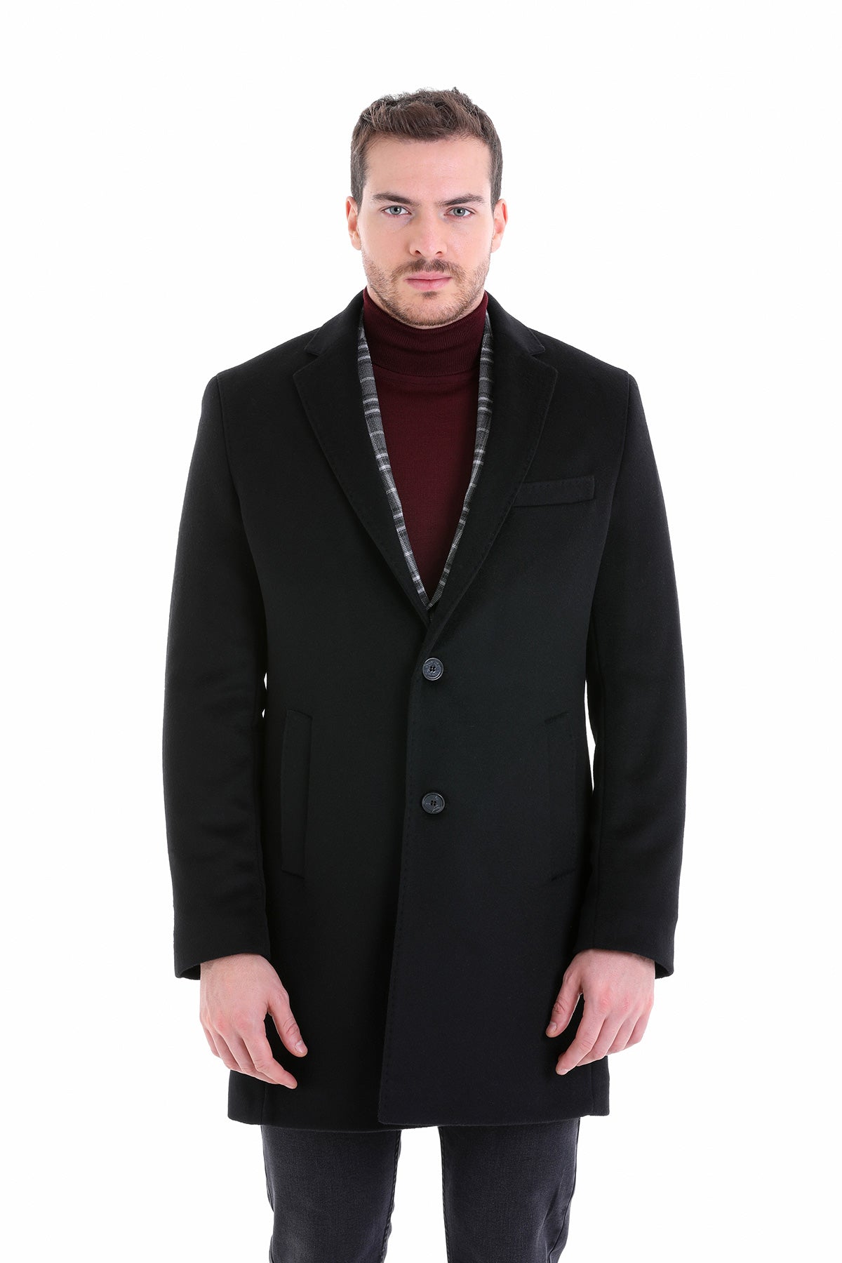 Slim Fit Cachet TBC Notch Lapel Wool Black Overcoat Black