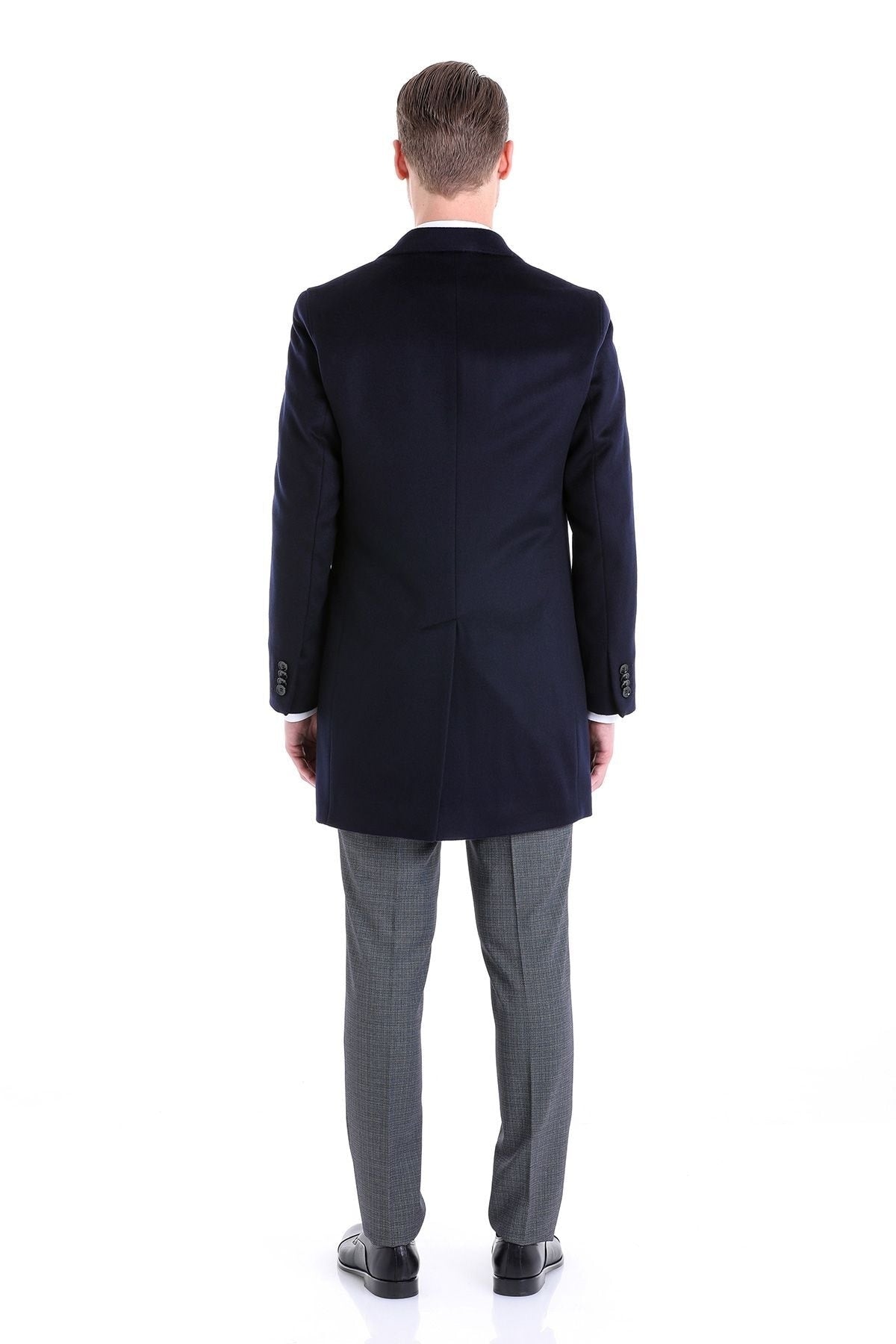 Slim Fit Cachet TBC Notch Lapel Wool Black Overcoat Navy