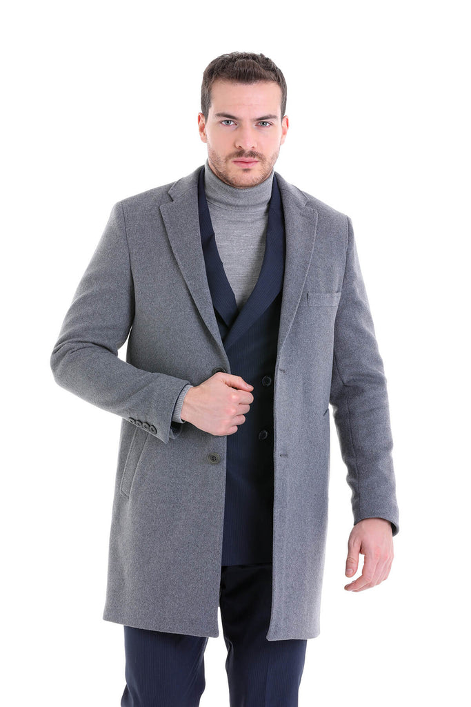 Slim Fit Cachet TBC Notch Lapel Wool Blend Gray Overcoat