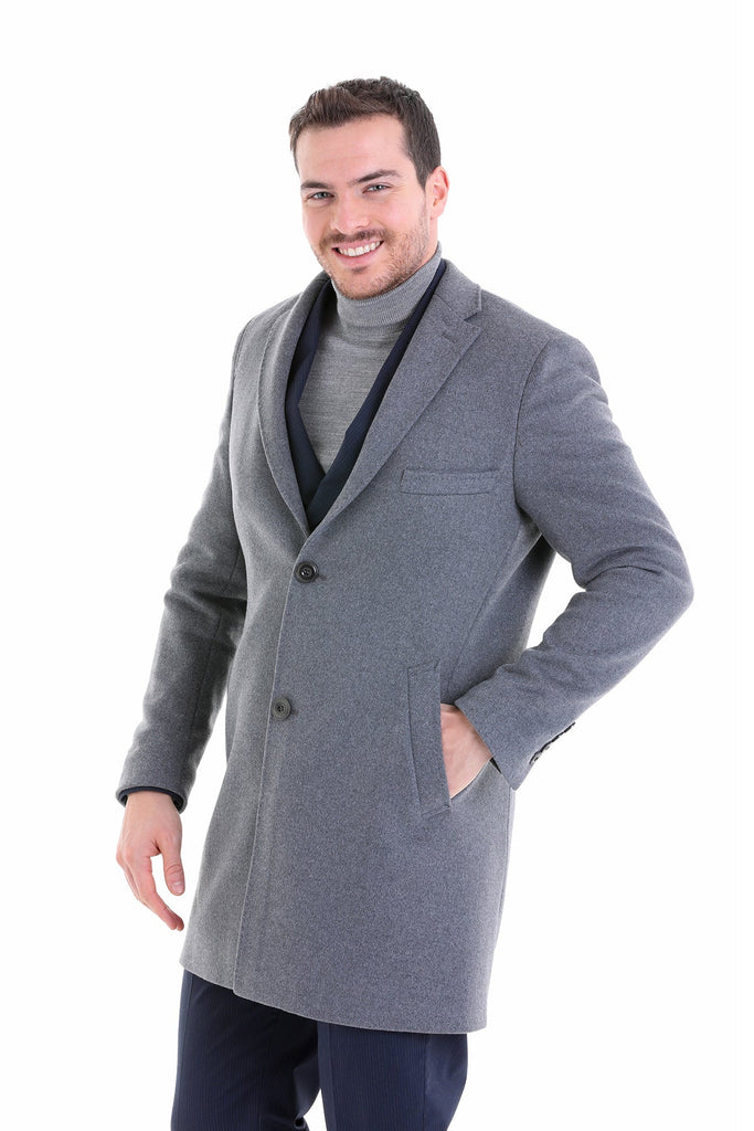 Slim Fit Cachet TBC Notch Lapel Wool Blend Gray Overcoat