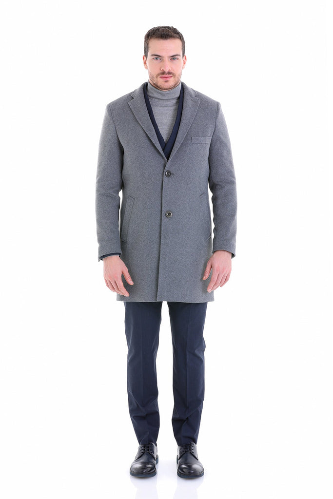 Slim Fit Cachet TBC Notch Lapel Wool Blend Gray Overcoat