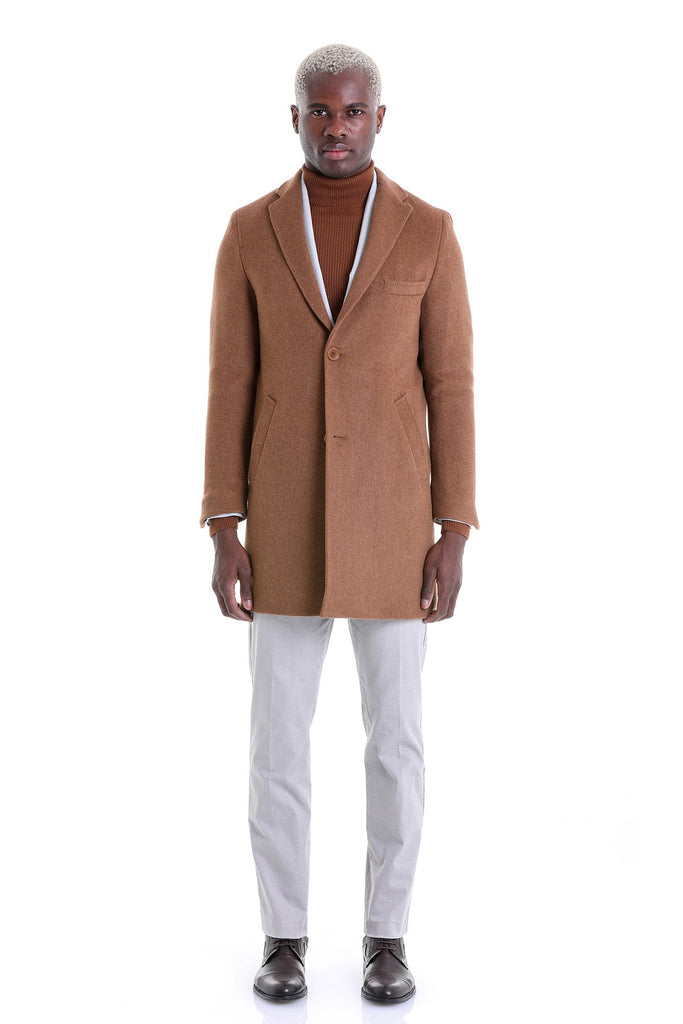 Slim Fit Cachet TBC Notch Lapel Wool Blend Tobacco Overcoat