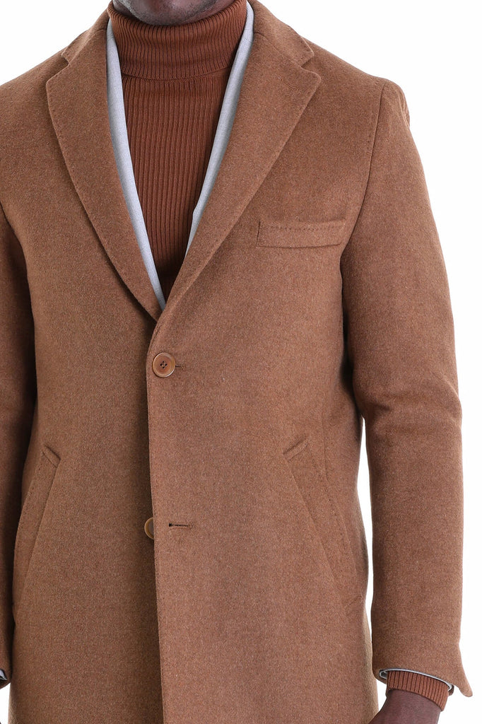 Slim Fit Cachet TBC Notch Lapel Wool Blend Tobacco Overcoat